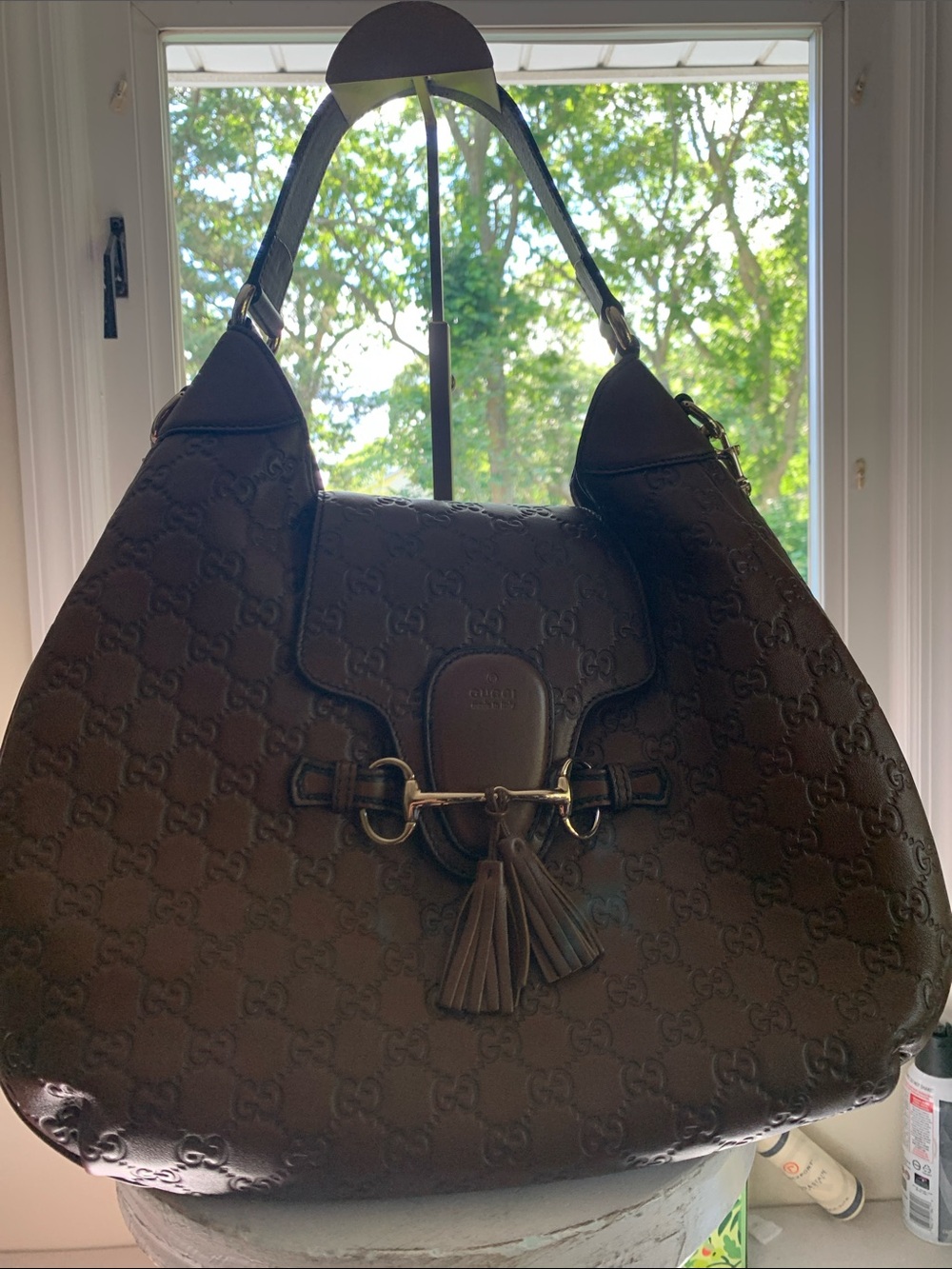 Gucci Emily Dark Brown GG Embossed Leather Shoulder Bag with Tassel Horsebit